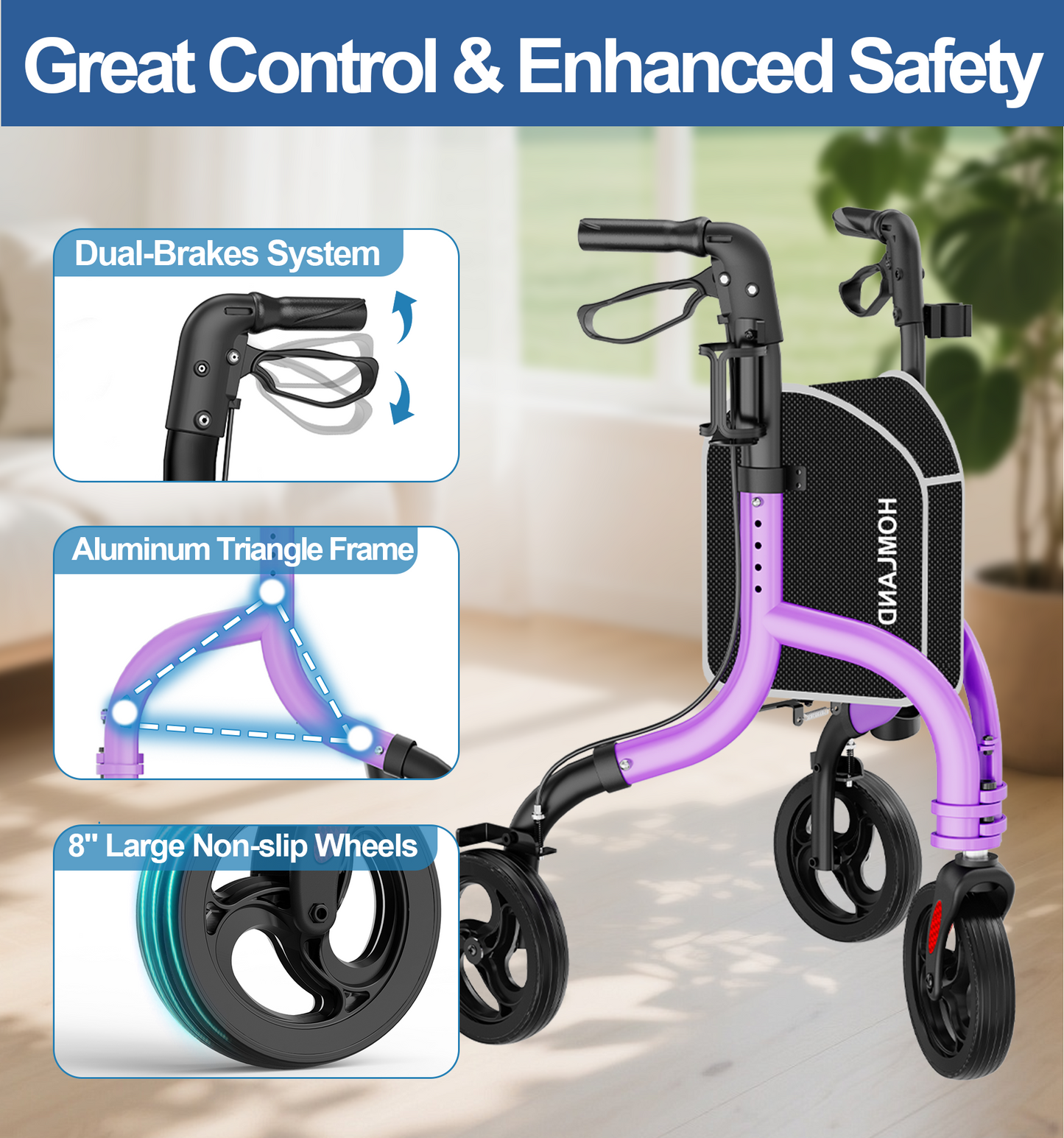 HOMLAND 3-Wheel Folding Walkers for Seniors, Lightweight Three Wheel Walker with Cane and Cup Holder, Height Adjustable Narrow Space Mobility Aid - Purple