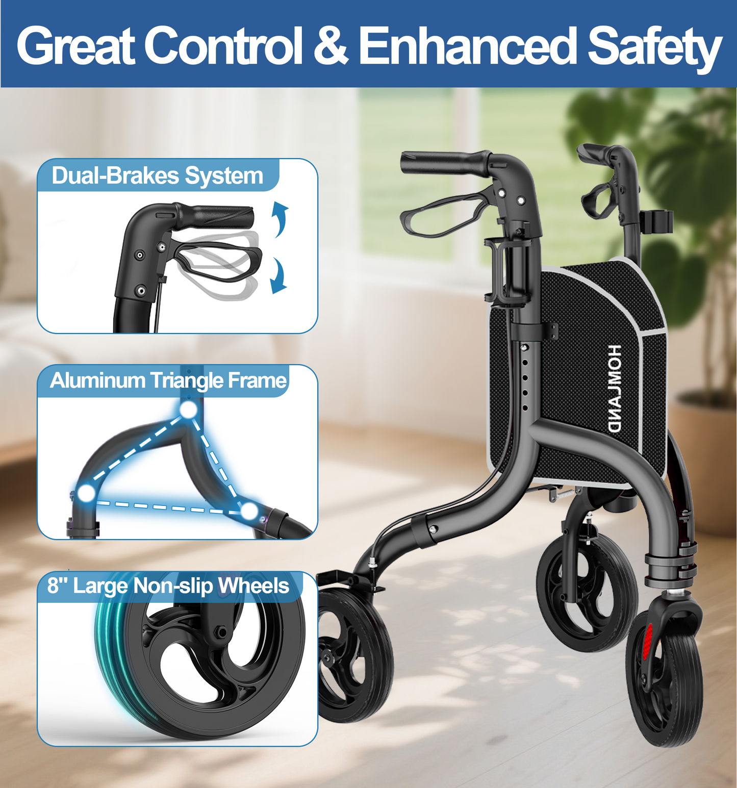 HOMLAND 3-Wheel Folding Walkers for Seniors, Lightweight Three Wheel Walker with Cane and Cup Holder, Height Adjustable Narrow Space Mobility Aid - Black
