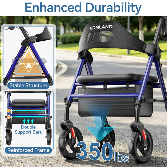 HOMLAND Foldable Rollator Walker with Memory Foam Seat for Seniors, 350 lb. Capacity Heavy-Duty Mobility Walker, 8'' Big Wheels, Blue