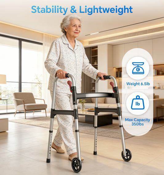 HOMLAND Lightweight Walker for Seniors with 5" Wheels Standard, One-Hand Folding Mobility Aid with 2 Rear Glide Skis, 8-Level Adjustable Height Lightweight Aluminum Frame - Silver