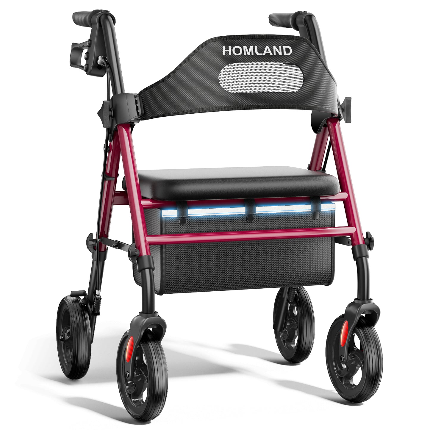 HOMLAND Foldable Rollator Walker with Memory Foam Seat for Seniors, 350 lb. Capacity Heavy-Duty Mobility Walker, 8'' Big Wheels, Red