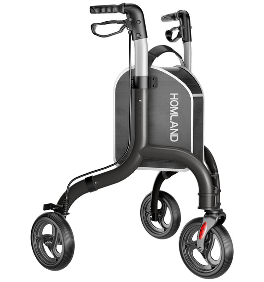 HOMLAND 3-Wheel Folding Walkers for Seniors, Lightweight Three Wheel Walker with Cane and Cup Holder, Height Adjustable Narrow Space Mobility Aid - Black