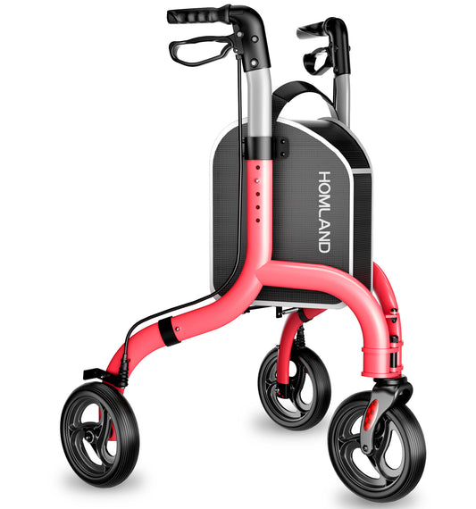 HOMLAND 3-Wheel Folding Walkers for Seniors, Lightweight Three Wheel Walker with Cane and Cup Holder, Height Adjustable Narrow Space Mobility Aid - Red