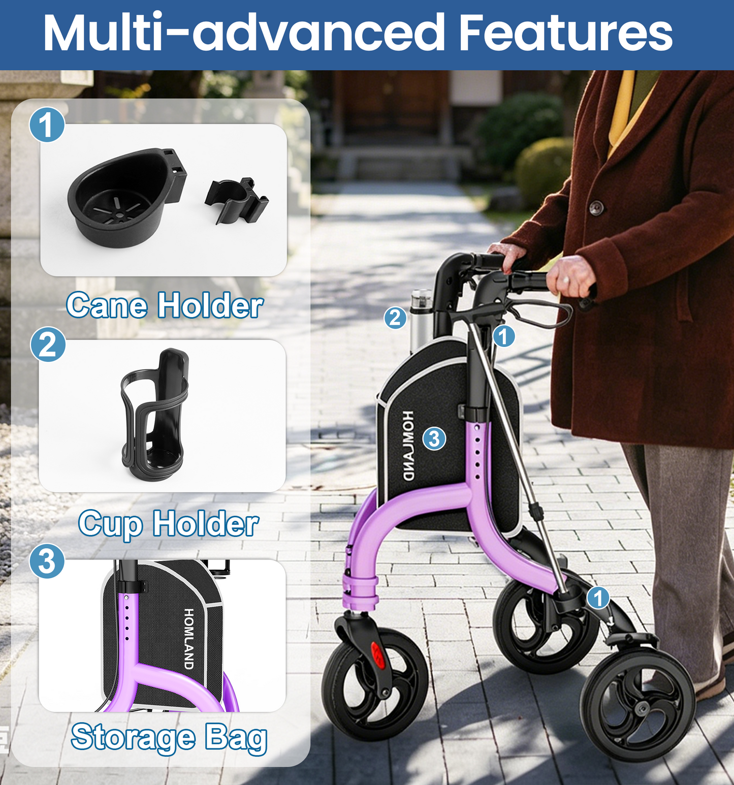 HOMLAND 3-Wheel Folding Walkers for Seniors, Lightweight Three Wheel Walker with Cane and Cup Holder, Height Adjustable Narrow Space Mobility Aid - Purple