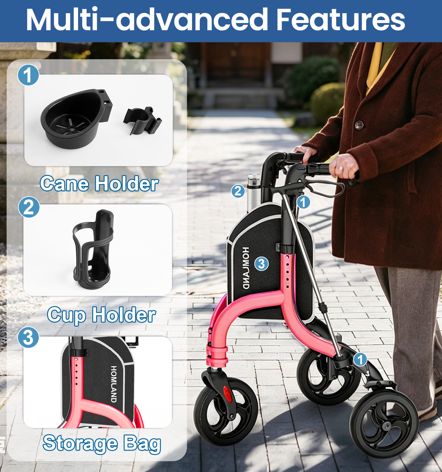 HOMLAND 3-Wheel Folding Walkers for Seniors, Lightweight Three Wheel Walker with Cane and Cup Holder, Height Adjustable Narrow Space Mobility Aid - Red