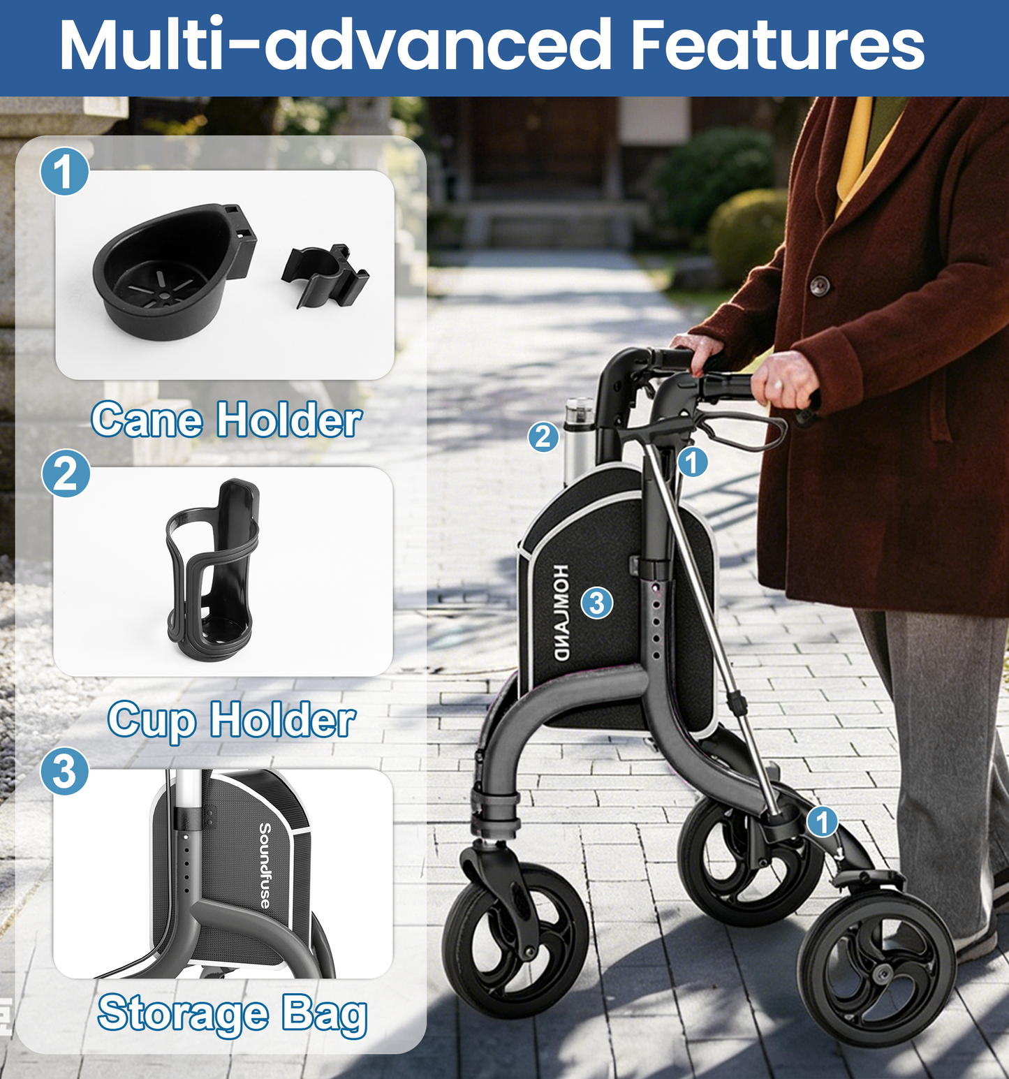 HOMLAND 3-Wheel Folding Walkers for Seniors, Lightweight Three Wheel Walker with Cane and Cup Holder, Height Adjustable Narrow Space Mobility Aid - Black