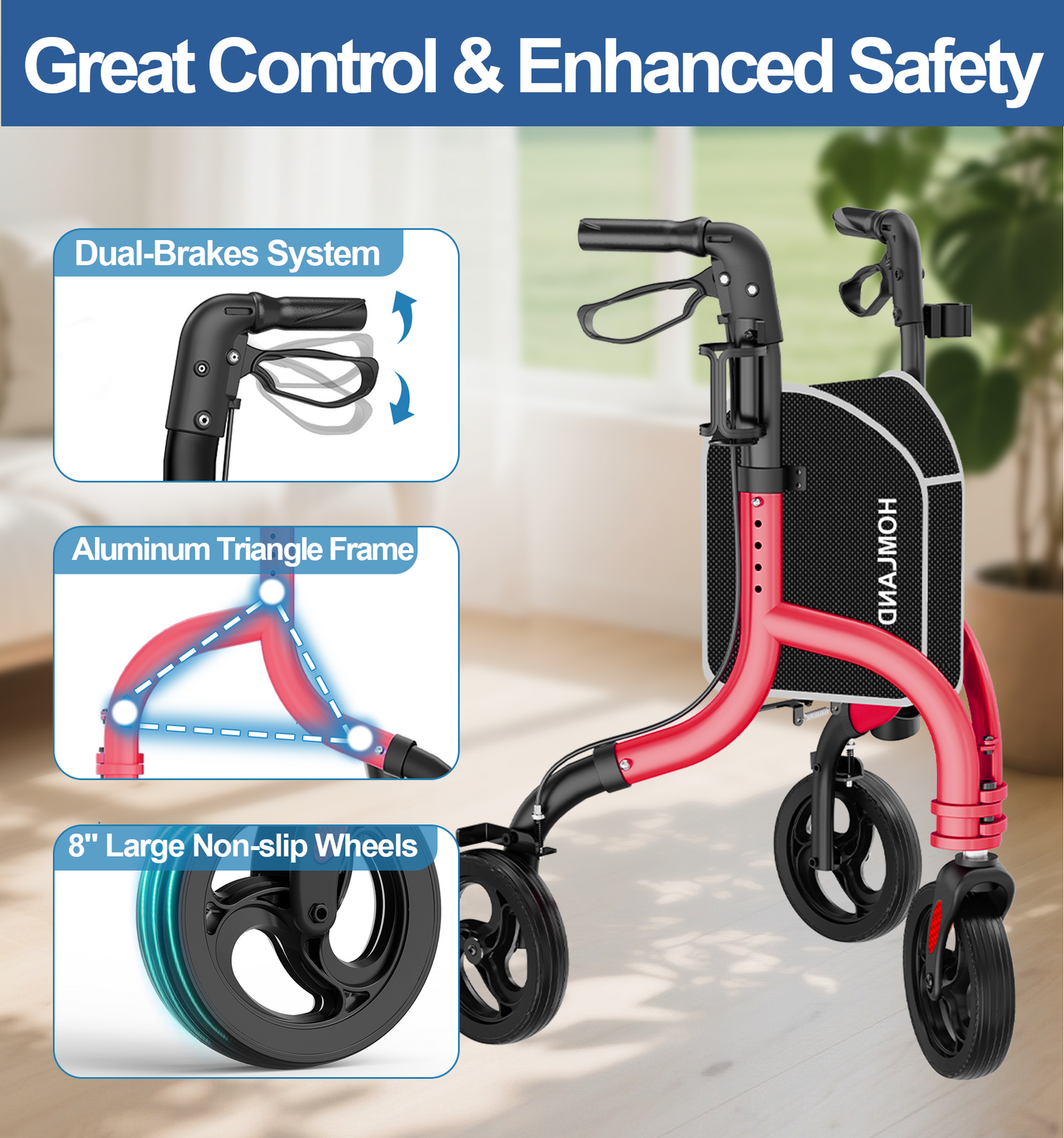 HOMLAND 3-Wheel Folding Walkers for Seniors, Lightweight Three Wheel Walker with Cane and Cup Holder, Height Adjustable Narrow Space Mobility Aid - Red
