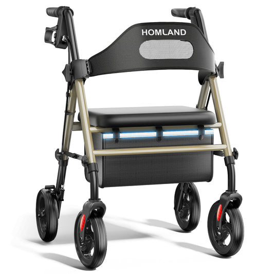 HOMLAND Foldable Rollator Walker with Memory Foam Seat for Seniors, 350 lb. Capacity Heavy-Duty Mobility Walker, 8'' Big Wheels, Champagne Gold