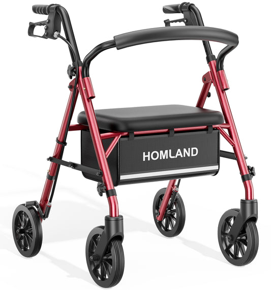 HOMLAND Lightweight 16lb. Rollator Walker for Seniors, 300 lb. Capacity, Folding Mobility Aid with Padded Seat, 6-Inch Puncture-Proof Wheels- Red