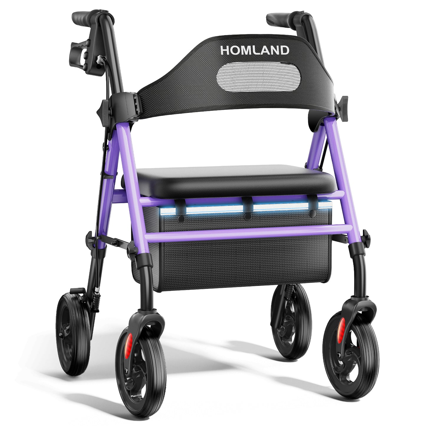 HOMLAND Foldable Rollator Walker with Memory Foam Seat for Seniors, 350 lb. Capacity Heavy-Duty Mobility Walker, 8'' Big Wheels, Purple