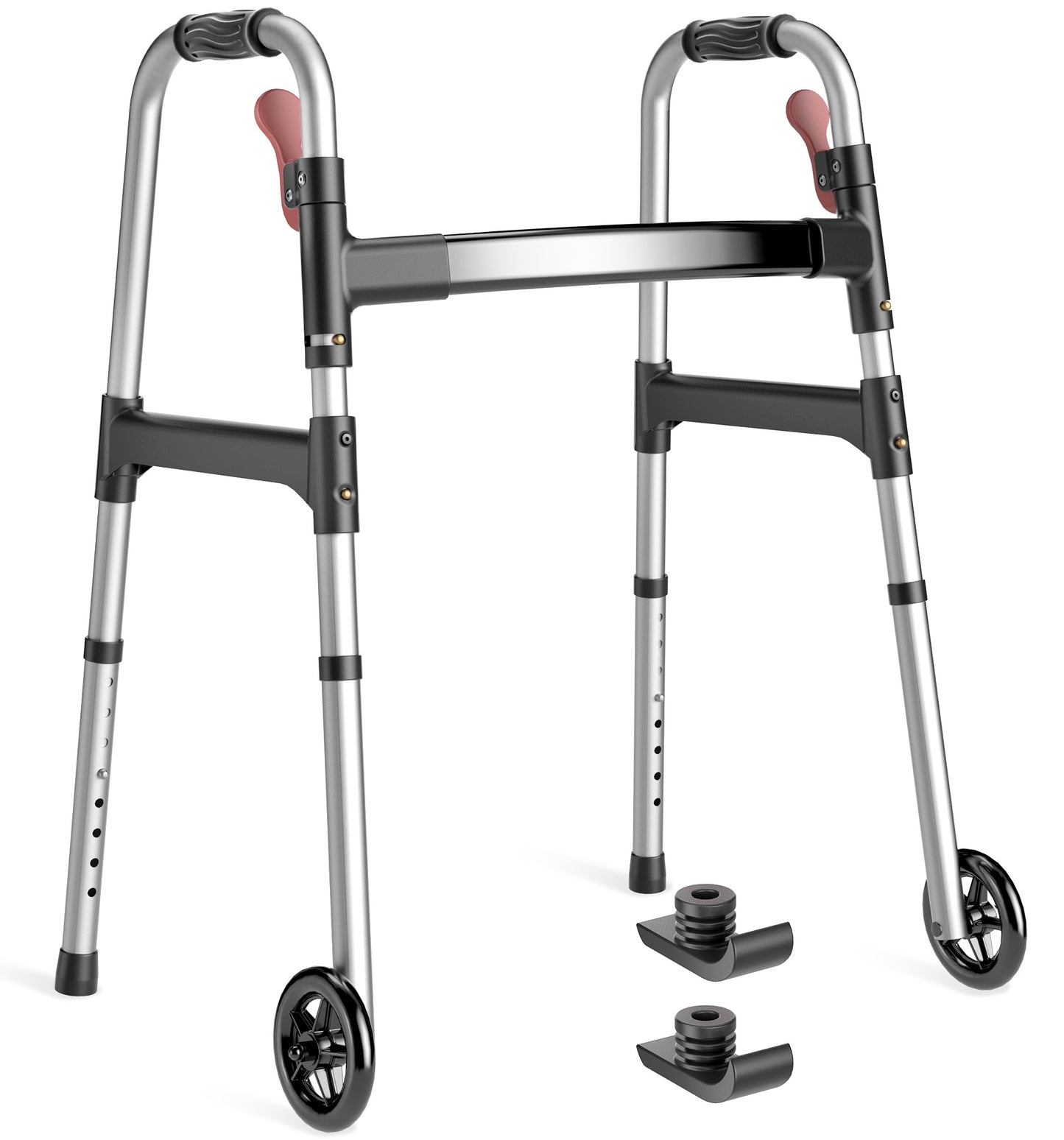 HOMLAND Lightweight Walker for Seniors with 5" Wheels Standard, One-Hand Folding Mobility Aid with 2 Rear Glide Skis, 8-Level Adjustable Height Lightweight Aluminum Frame - Silver