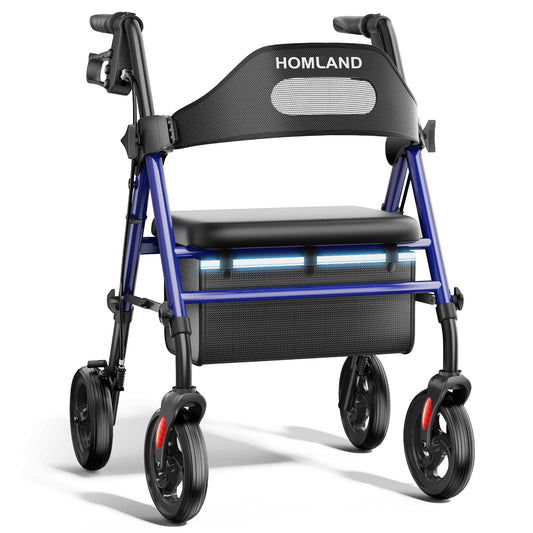HOMLAND Foldable Rollator Walker with Memory Foam Seat for Seniors, 350 lb. Capacity Heavy-Duty Mobility Walker, 8'' Big Wheels, Blue
