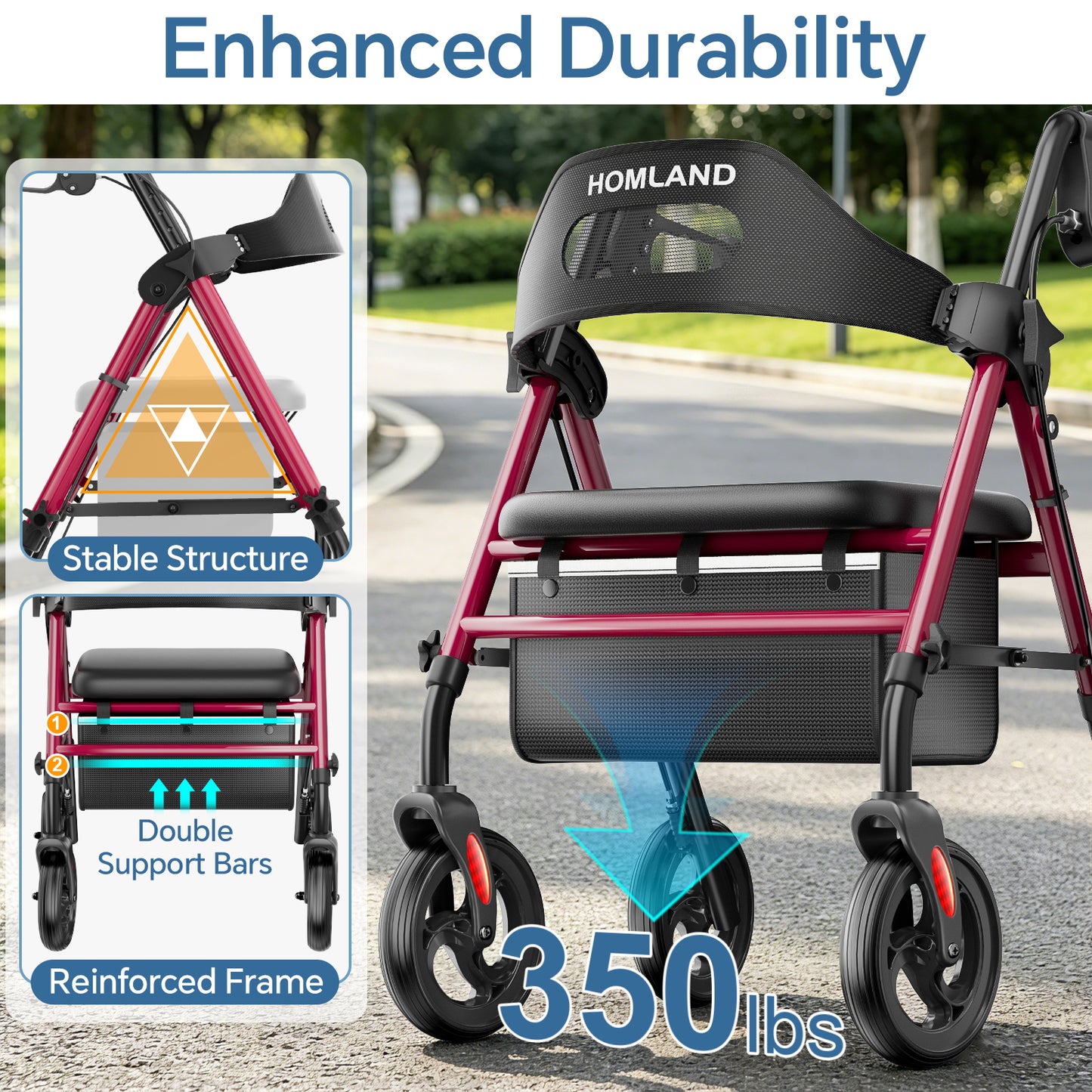 HOMLAND Foldable Rollator Walker with Memory Foam Seat for Seniors, 350 lb. Capacity Heavy-Duty Mobility Walker, 8'' Big Wheels, Red