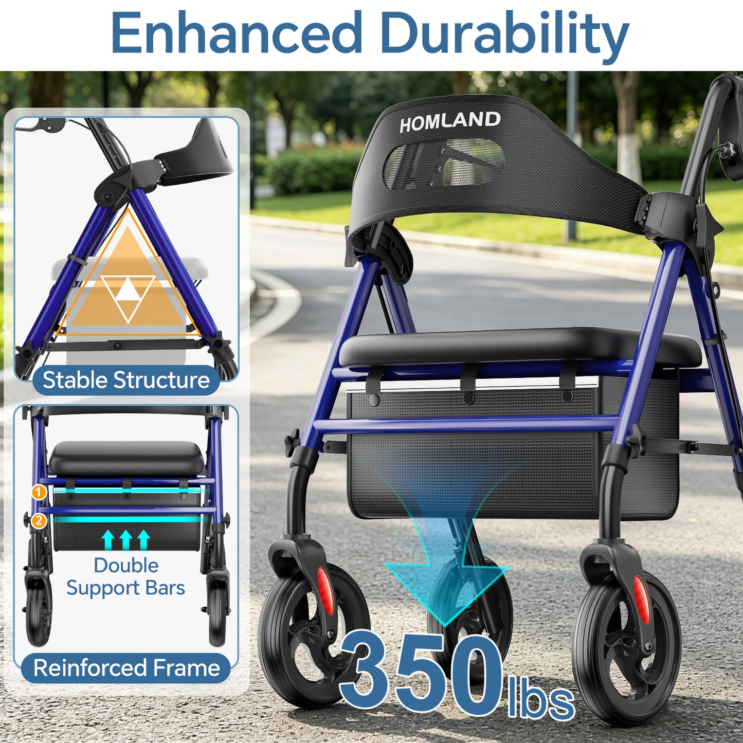 HOMLAND Foldable Rollator Walker with Memory Foam Seat for Seniors, 350 lb. Capacity Heavy-Duty Mobility Walker, 8'' Big Wheels, Blue
