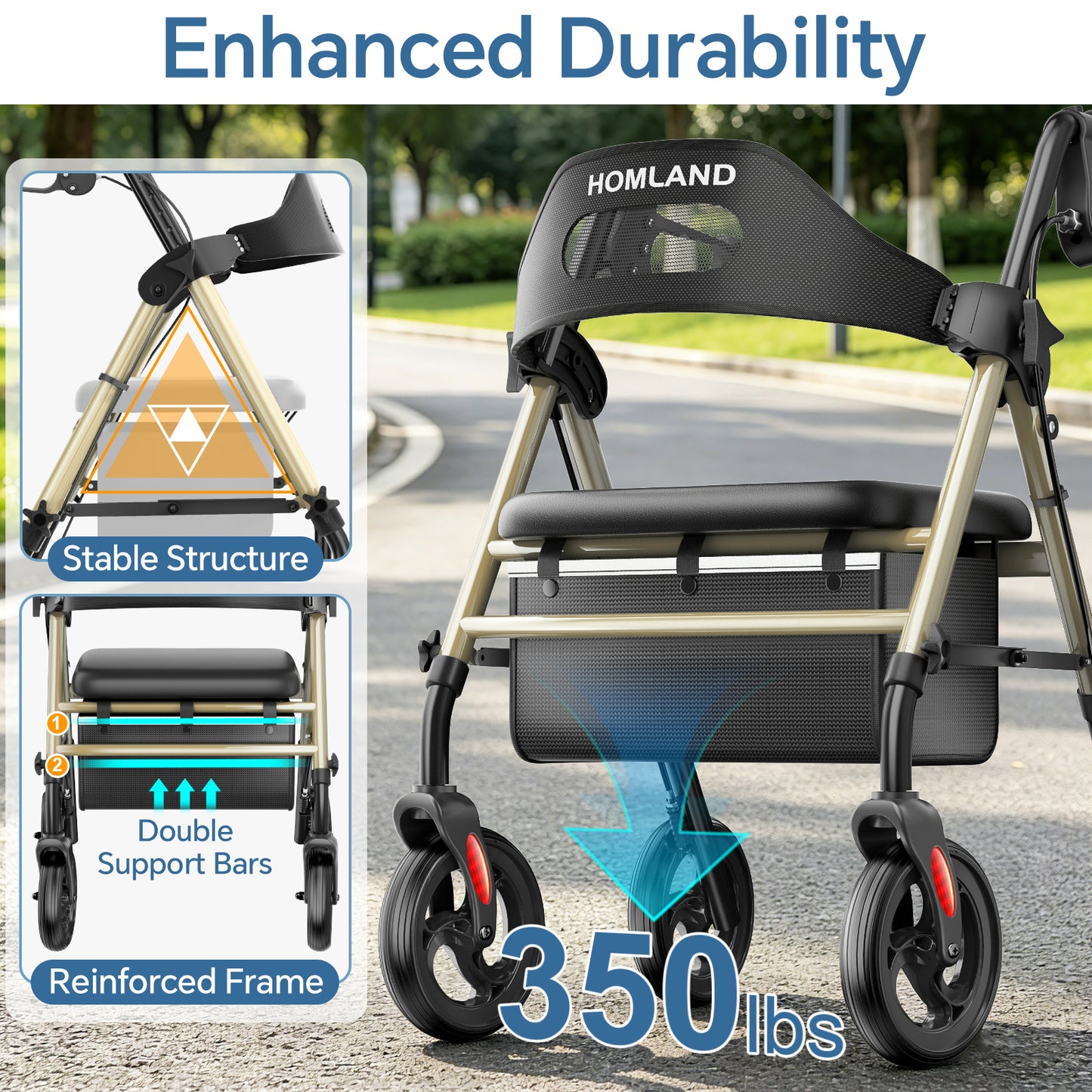 HOMLAND Foldable Rollator Walker with Memory Foam Seat for Seniors, 350 lb. Capacity Heavy-Duty Mobility Walker, 8'' Big Wheels, Champagne Gold