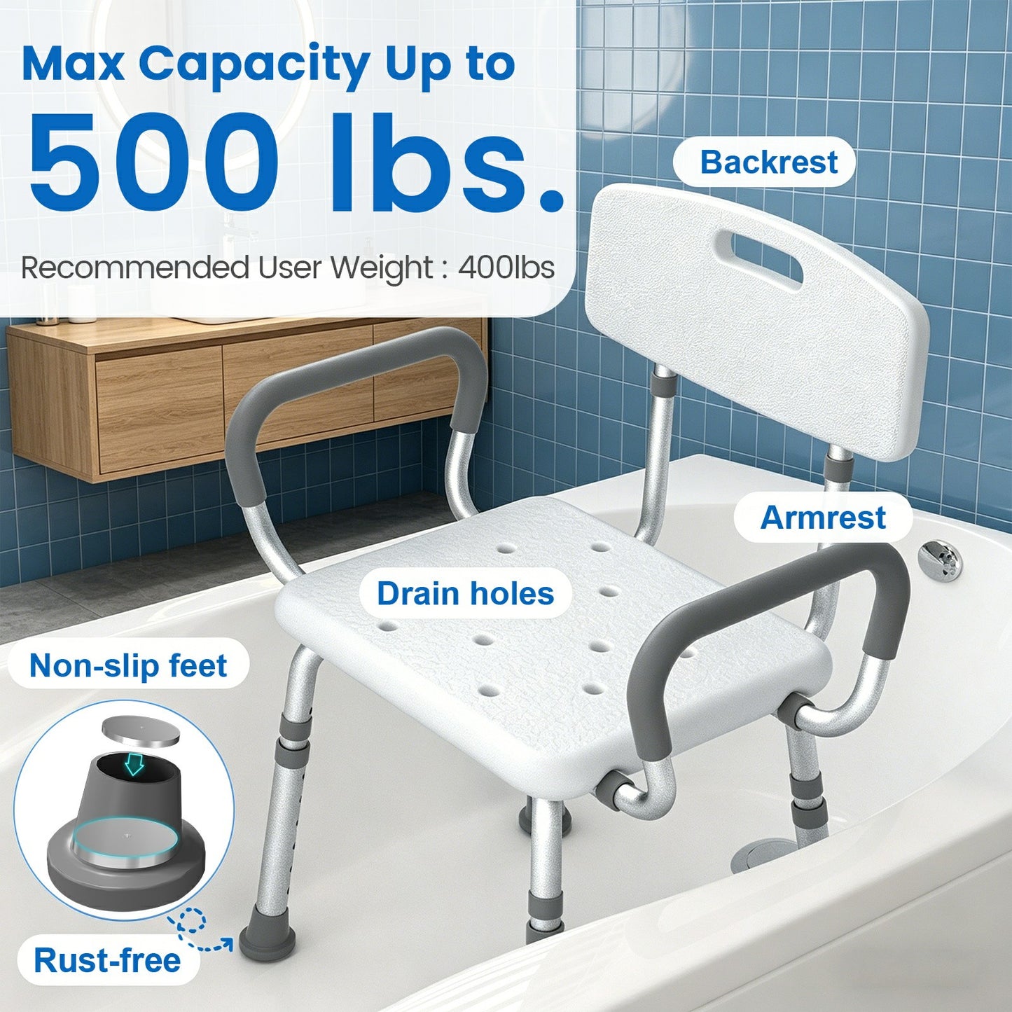 HOMLAND 500 lbs Heavy Duty Shower Chair with Arms and Backrest, 3-in-1 Customizable Bath Seat, Height Adjustable Medical Safety Bench for Seniors & Disabled - White
