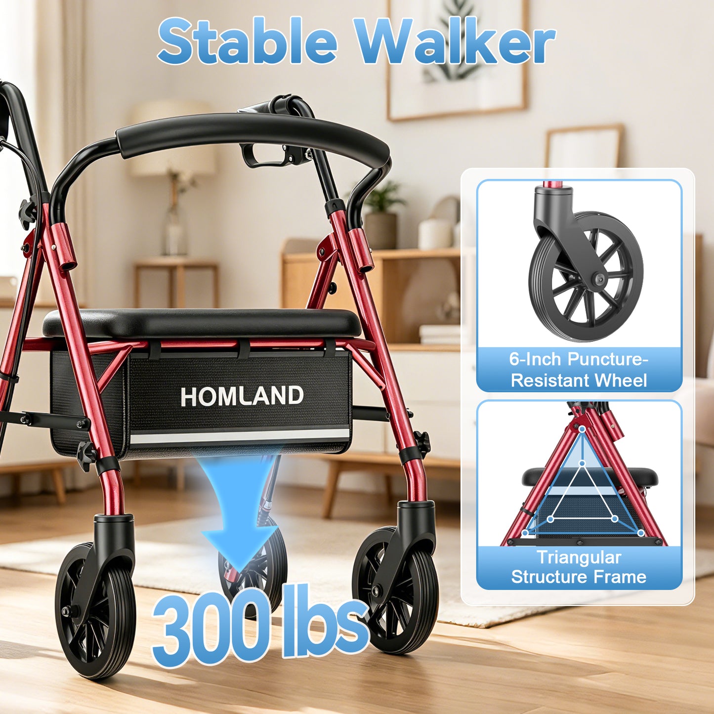 HOMLAND Lightweight 16lb. Rollator Walker for Seniors, 300 lb. Capacity, Folding Mobility Aid with Padded Seat, 6-Inch Puncture-Proof Wheels- Red