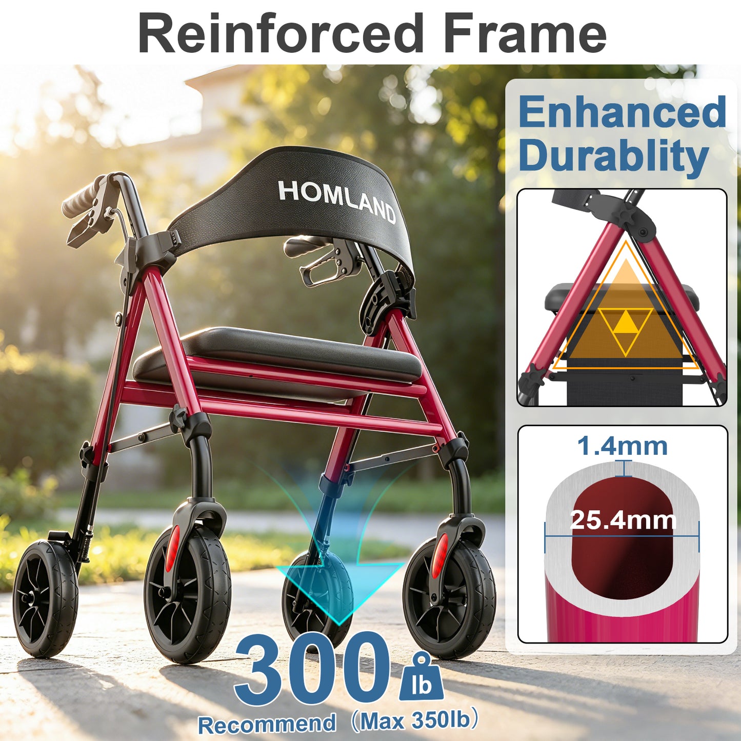 HOMLAND Walkers for Seniors with Memory Foam Seat, 350lb Capacity Heavy-Duty Aluminum Frame Adult Rollator, Foldable Mobility Walker Height-Adjustable 8" Big Rubber Wheels,Red
