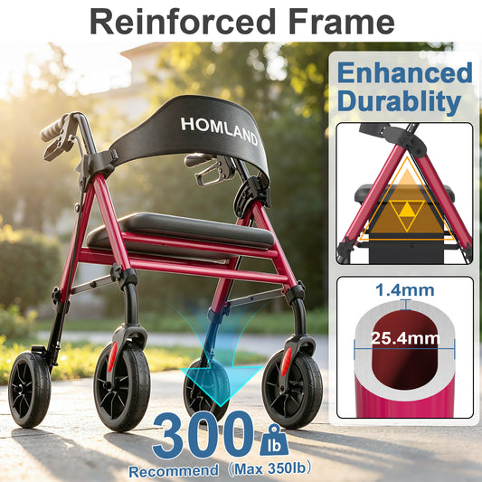 HOMLAND Walkers for Seniors with Memory Foam Seat, 350lb Capacity Heavy-Duty Aluminum Frame Adult Rollator, Foldable Mobility Walker Height-Adjustable 8" Big Rubber Wheels,Red