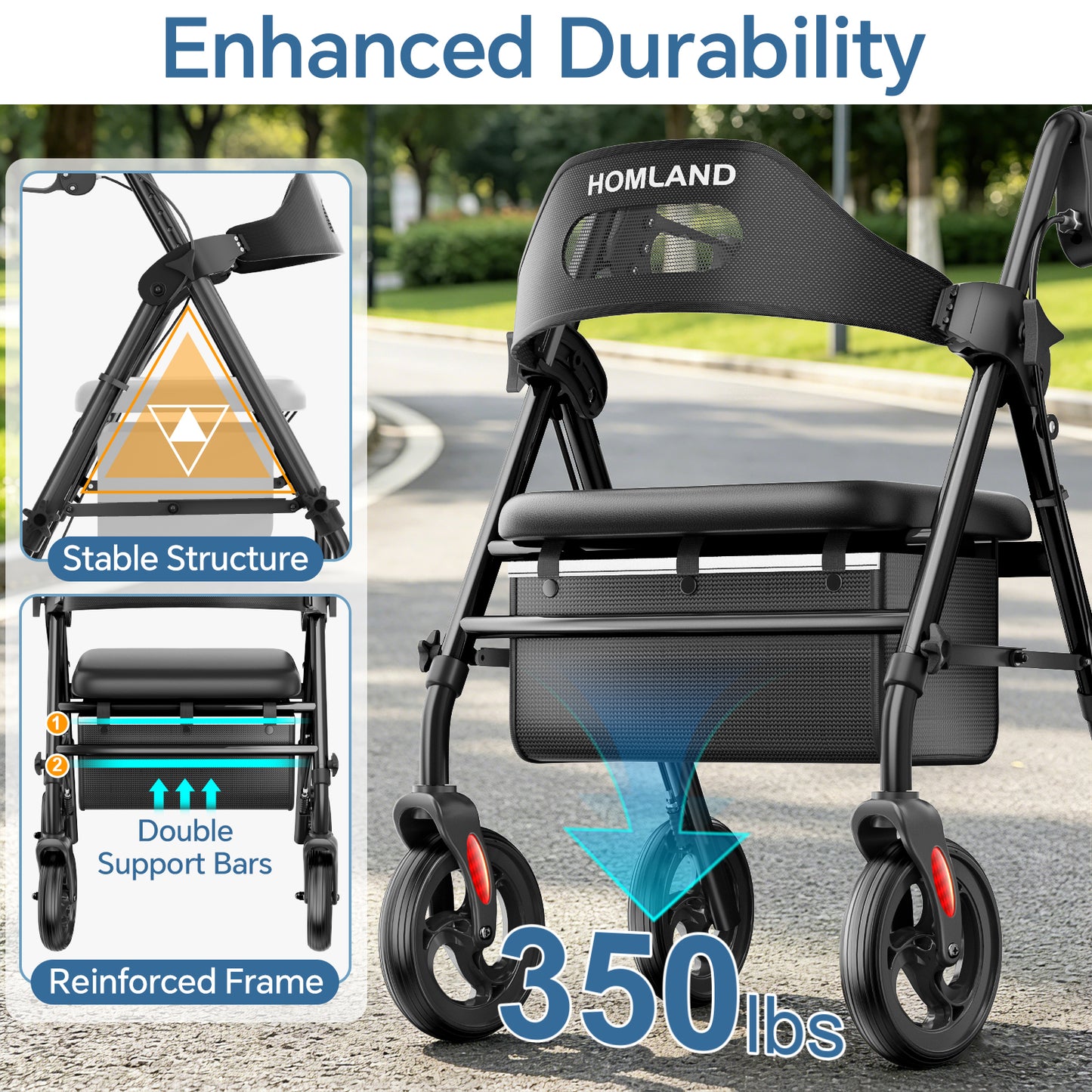 HOMLAND Foldable Rollator Walker with Memory Foam Seat for Seniors, 350 lb. Capacity Heavy-Duty Mobility Walker, 8'' Big Wheels, Black