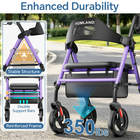 HOMLAND Foldable Rollator Walker with Memory Foam Seat for Seniors, 350 lb. Capacity Heavy-Duty Mobility Walker, 8'' Big Wheels, Purple