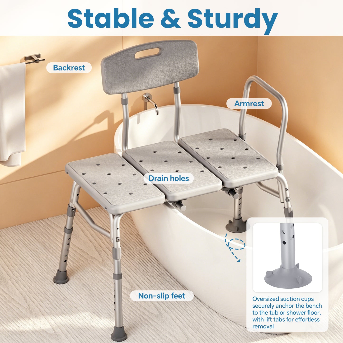 HOMLAND 400 lbs Heavy Duty Tub Transfer Bench, Adjustable Height Shower Chair with Reversible Backrest, Non-Slip Bath Seat for Seniors & Disabled