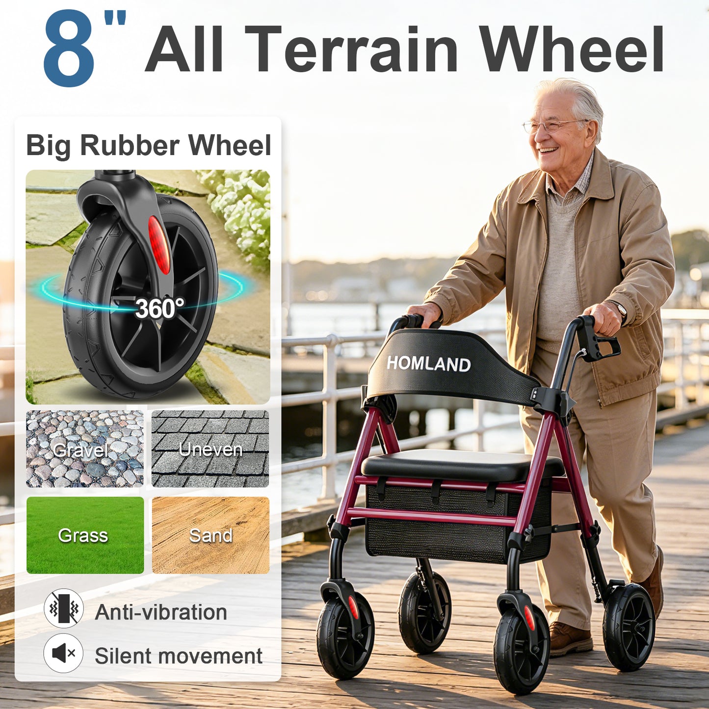 HOMLAND Walkers for Seniors with Memory Foam Seat, 350lb Capacity Heavy-Duty Aluminum Frame Adult Rollator, Foldable Mobility Walker Height-Adjustable 8" Big Rubber Wheels,Red