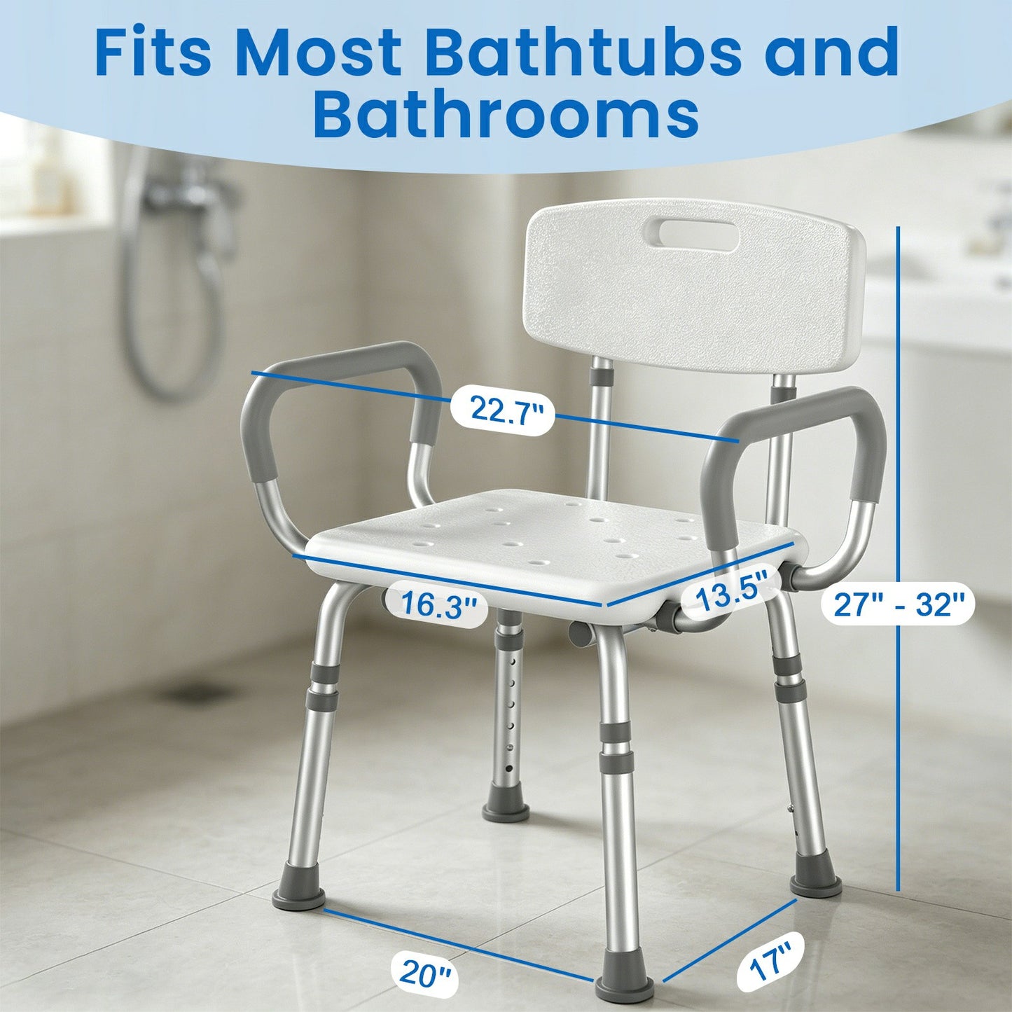 HOMLAND 500 lbs Heavy Duty Shower Chair with Arms and Backrest, 3-in-1 Customizable Bath Seat, Height Adjustable Medical Safety Bench for Seniors & Disabled - White