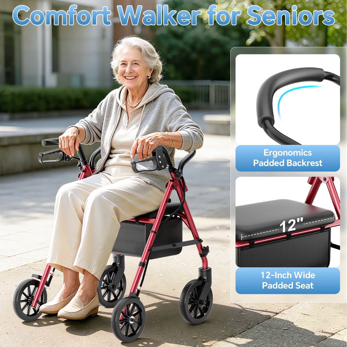 HOMLAND Lightweight 16lb. Rollator Walker for Seniors, 300 lb. Capacity, Folding Mobility Aid with Padded Seat, 6-Inch Puncture-Proof Wheels- Red