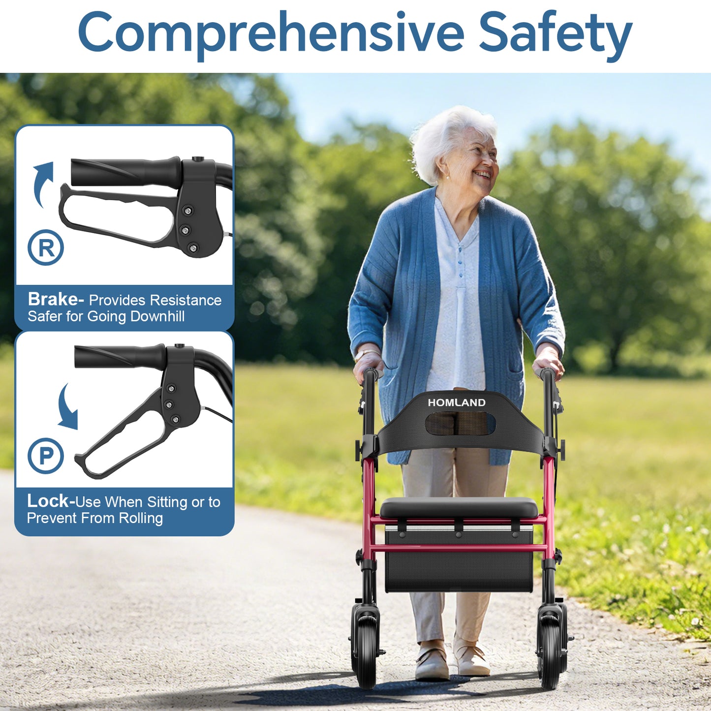 HOMLAND Foldable Rollator Walker with Memory Foam Seat for Seniors, 350 lb. Capacity Heavy-Duty Mobility Walker, 8'' Big Wheels, Red