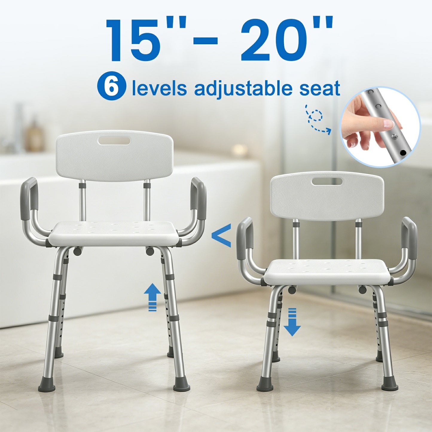 HOMLAND 500 lbs Heavy Duty Shower Chair with Arms and Backrest, 3-in-1 Customizable Bath Seat, Height Adjustable Medical Safety Bench for Seniors & Disabled - White