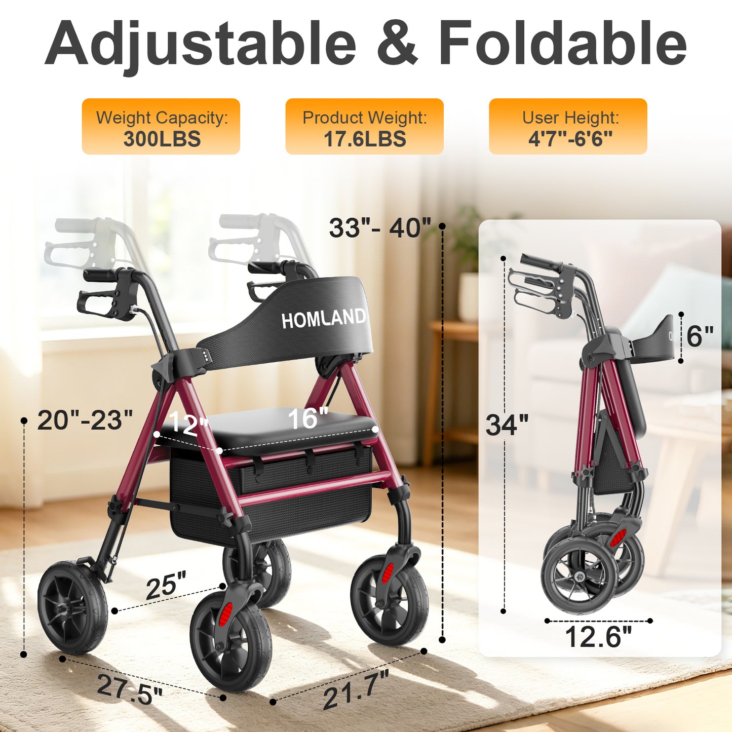 HOMLAND Walkers for Seniors with Memory Foam Seat, 350lb Capacity Heavy-Duty Aluminum Frame Adult Rollator, Foldable Mobility Walker Height-Adjustable 8" Big Rubber Wheels,Red