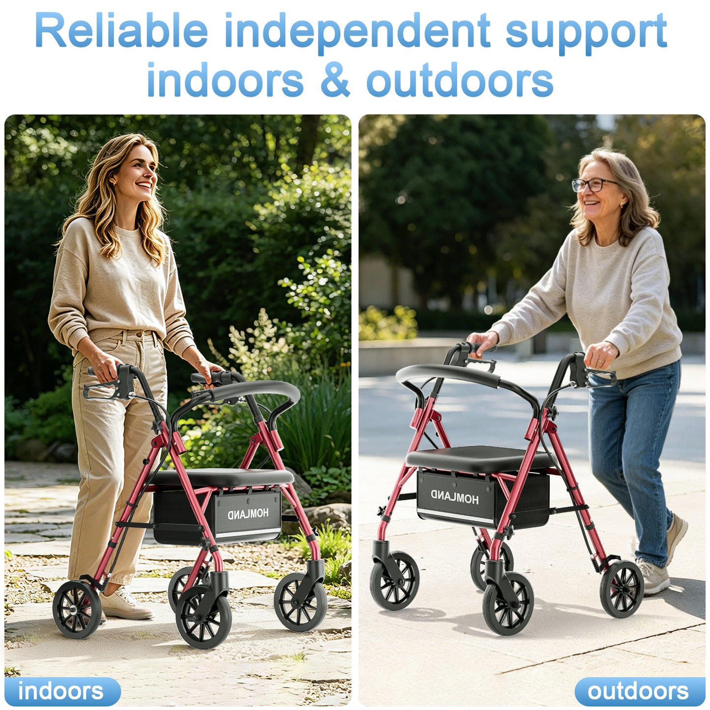 HOMLAND Lightweight 16lb. Rollator Walker for Seniors, 300 lb. Capacity, Folding Mobility Aid with Padded Seat, 6-Inch Puncture-Proof Wheels- Red