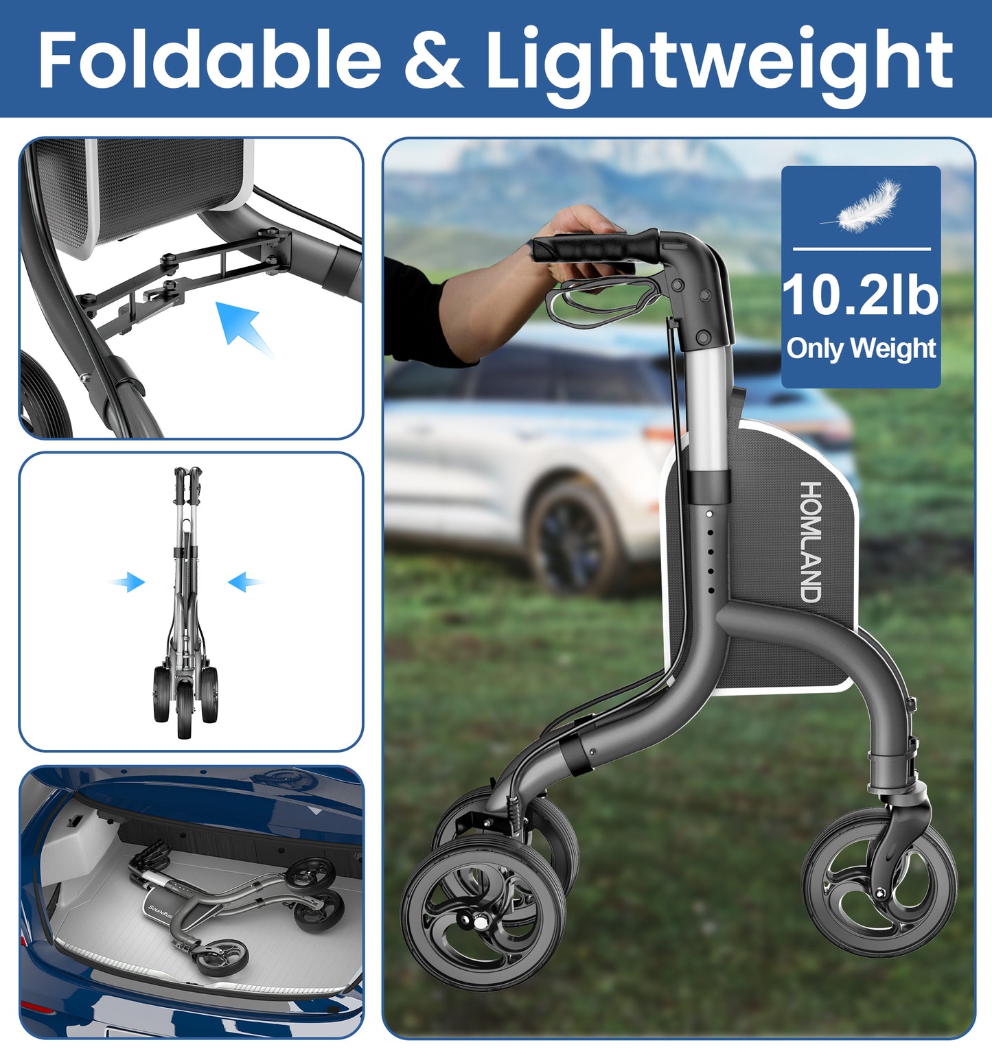 HOMLAND 3-Wheel Folding Walkers for Seniors, Lightweight Three Wheel Walker with Cane and Cup Holder, Height Adjustable Narrow Space Mobility Aid - Black