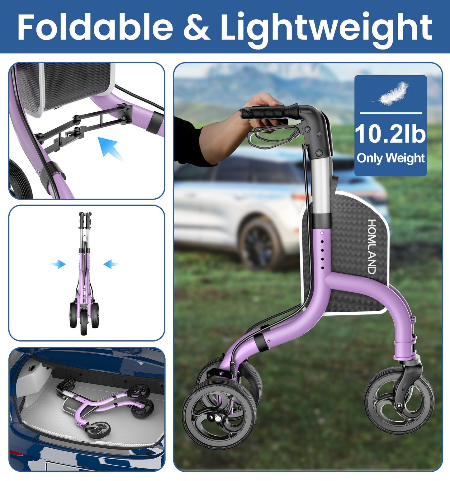 HOMLAND 3-Wheel Folding Walkers for Seniors, Lightweight Three Wheel Walker with Cane and Cup Holder, Height Adjustable Narrow Space Mobility Aid - Purple