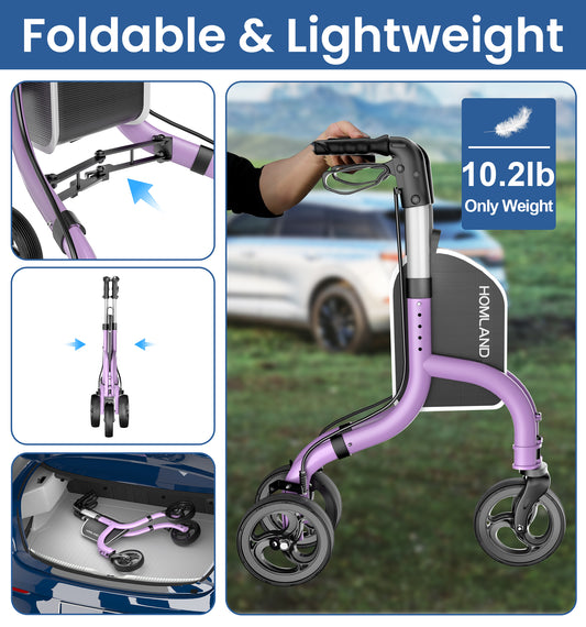 HOMLAND 3-Wheel Folding Walkers for Seniors, Lightweight Three Wheel Walker with Cane and Cup Holder, Height Adjustable Narrow Space Mobility Aid - Purple