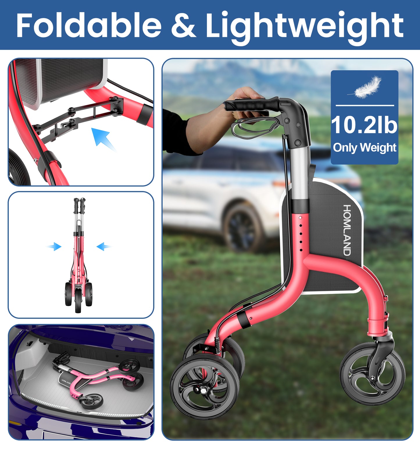 HOMLAND 3-Wheel Folding Walkers for Seniors, Lightweight Three Wheel Walker with Cane and Cup Holder, Height Adjustable Narrow Space Mobility Aid - Red