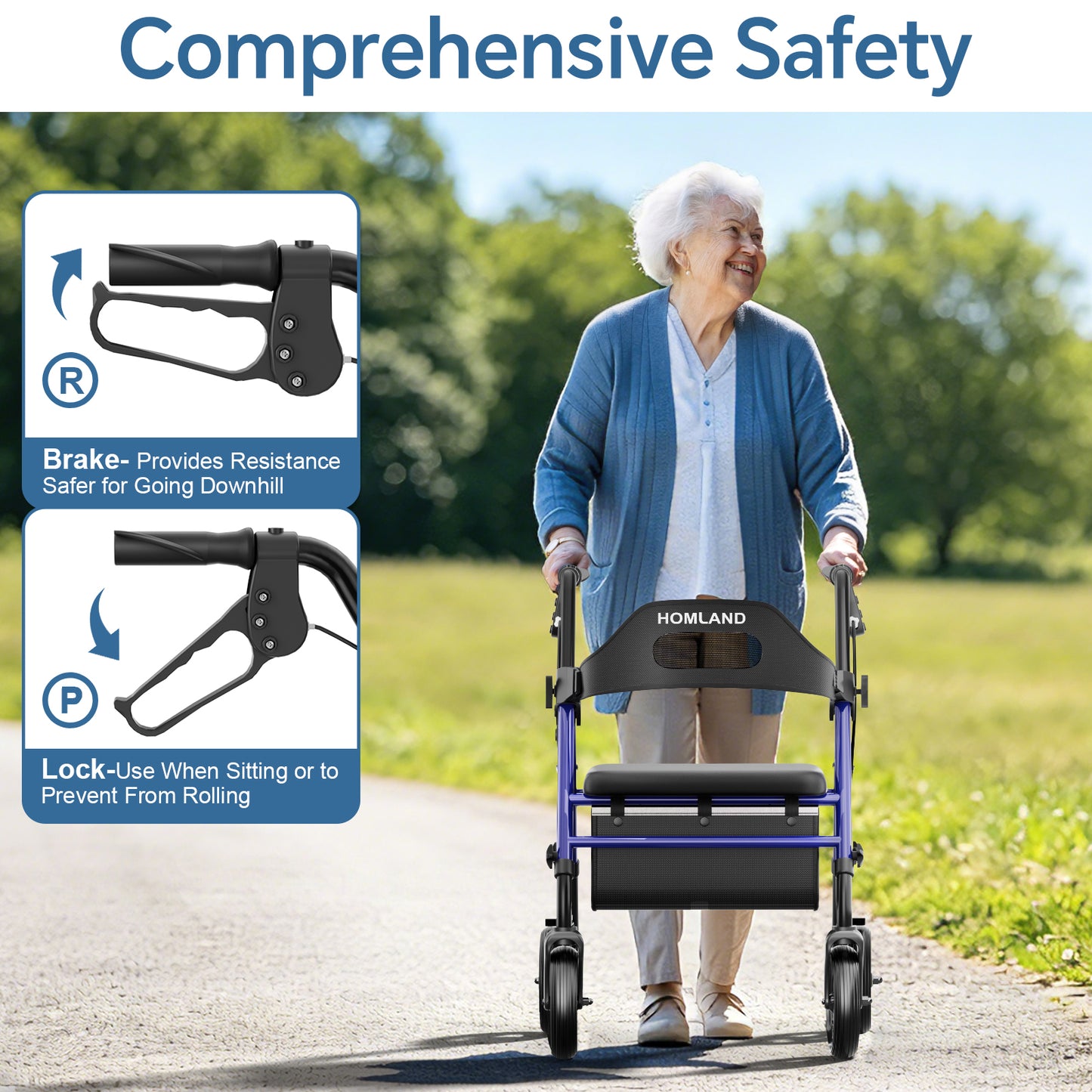HOMLAND Foldable Rollator Walker with Memory Foam Seat for Seniors, 350 lb. Capacity Heavy-Duty Mobility Walker, 8'' Big Wheels, Blue
