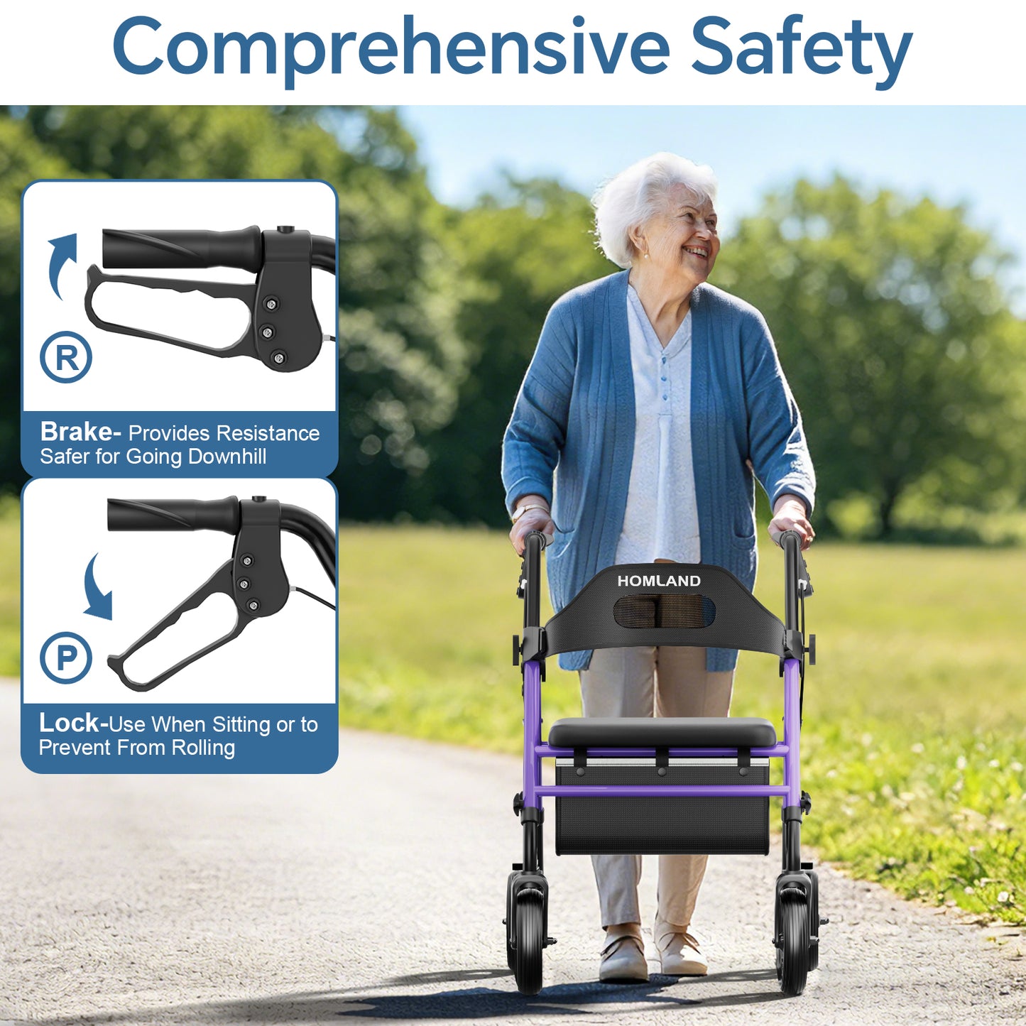 HOMLAND Foldable Rollator Walker with Memory Foam Seat for Seniors, 350 lb. Capacity Heavy-Duty Mobility Walker, 8'' Big Wheels, Purple