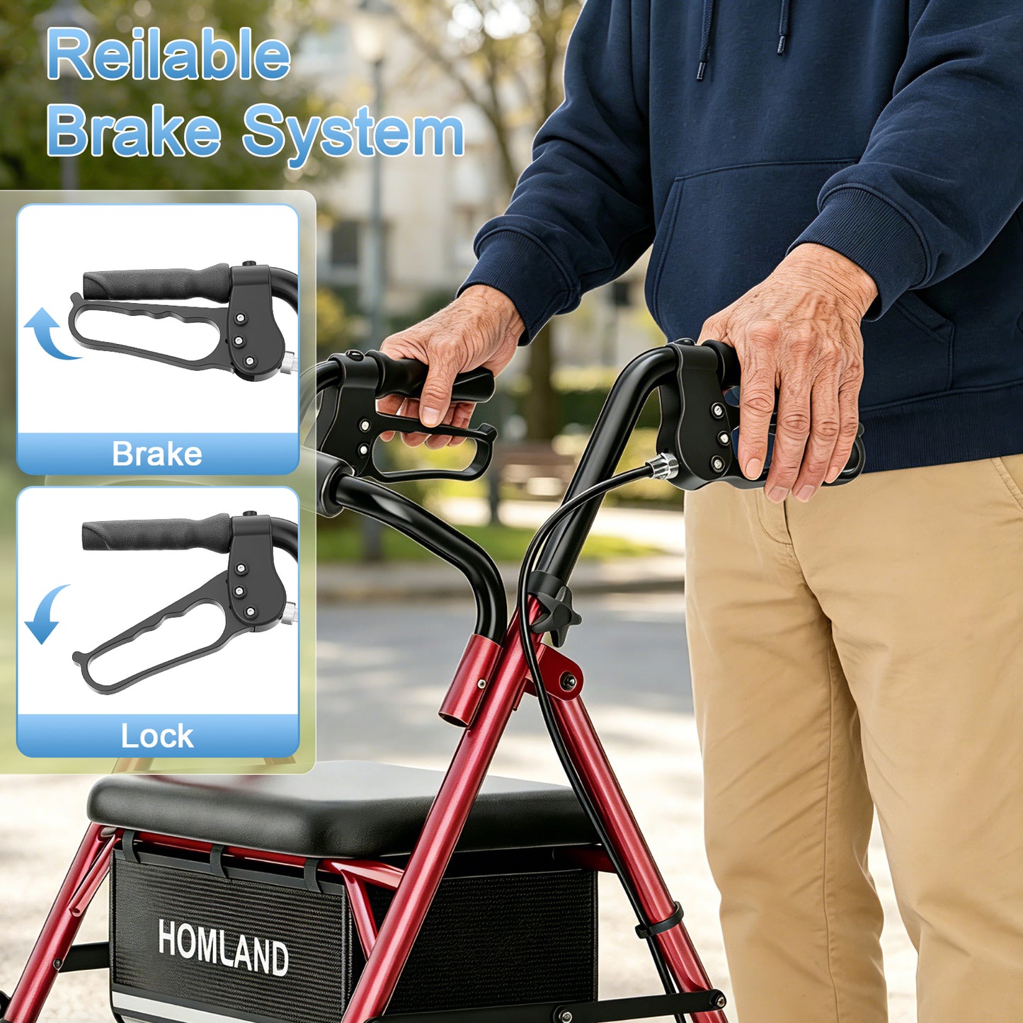 HOMLAND Lightweight 16lb. Rollator Walker for Seniors, 300 lb. Capacity, Folding Mobility Aid with Padded Seat, 6-Inch Puncture-Proof Wheels- Red