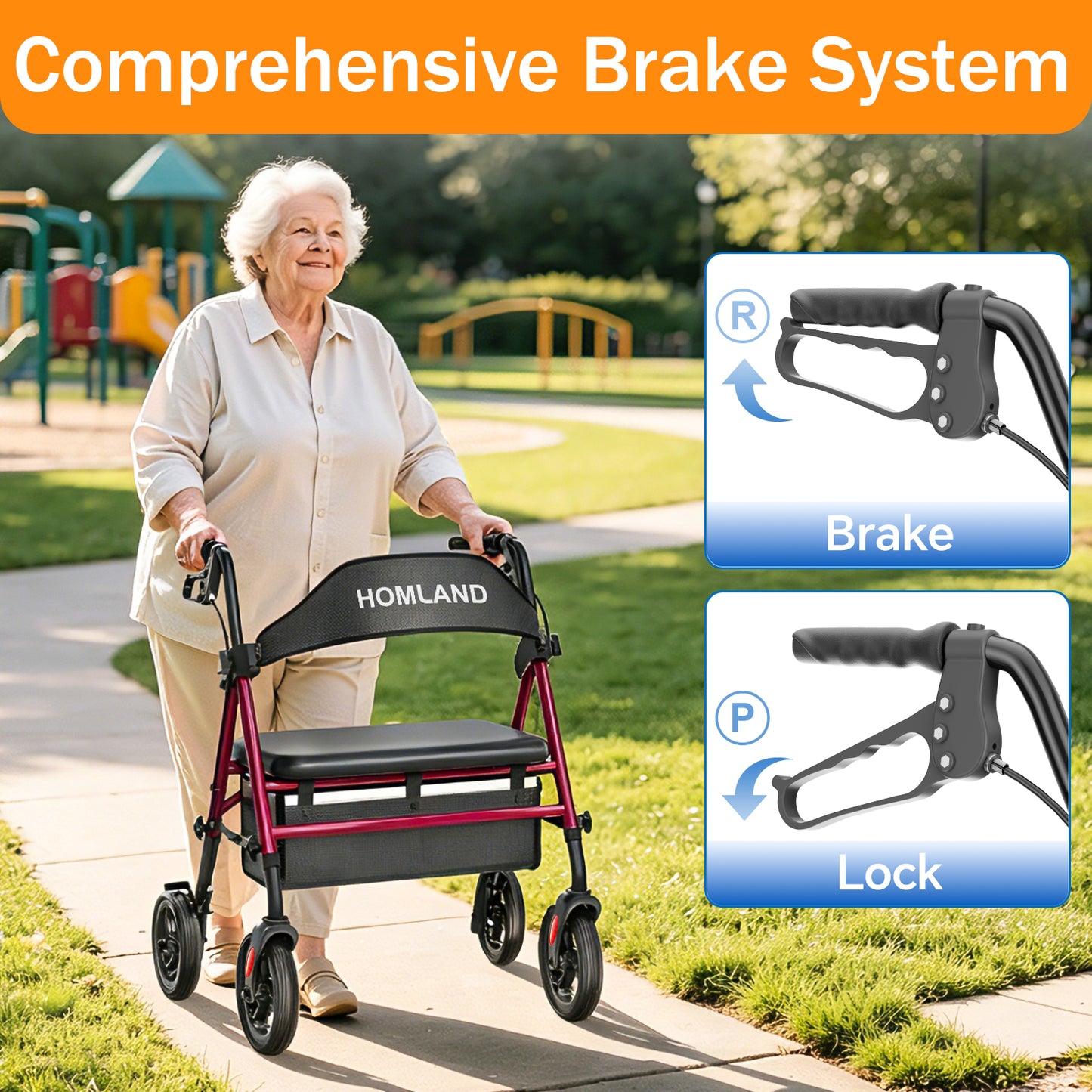 HOMLAND 500lb Bariatric Rollator Walker for Seniors, Heavy-Duty Folding Mobility Aid with 19.7" Extra-Wide Padded Seat, 8" All-Terrain Wheels,Red
