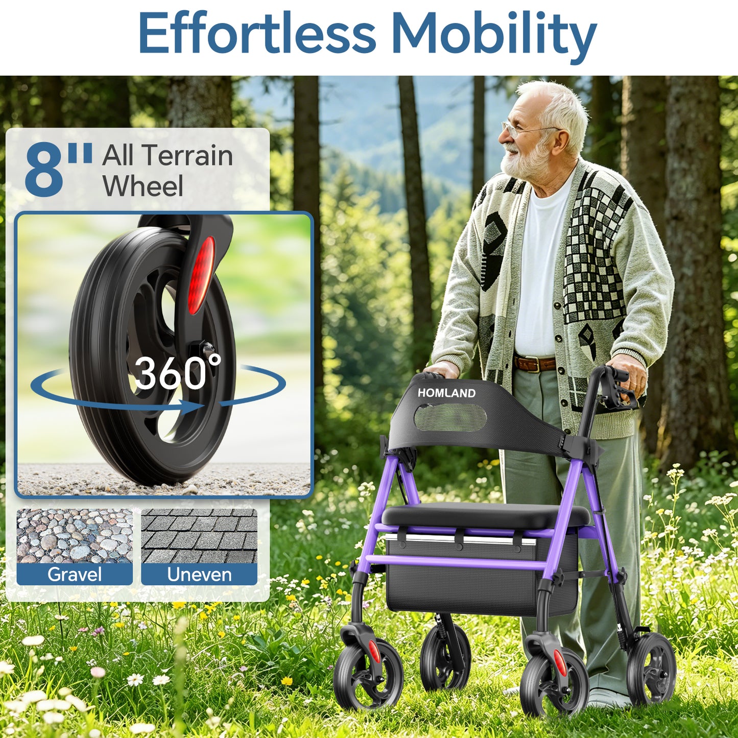 HOMLAND Foldable Rollator Walker with Memory Foam Seat for Seniors, 350 lb. Capacity Heavy-Duty Mobility Walker, 8'' Big Wheels, Purple