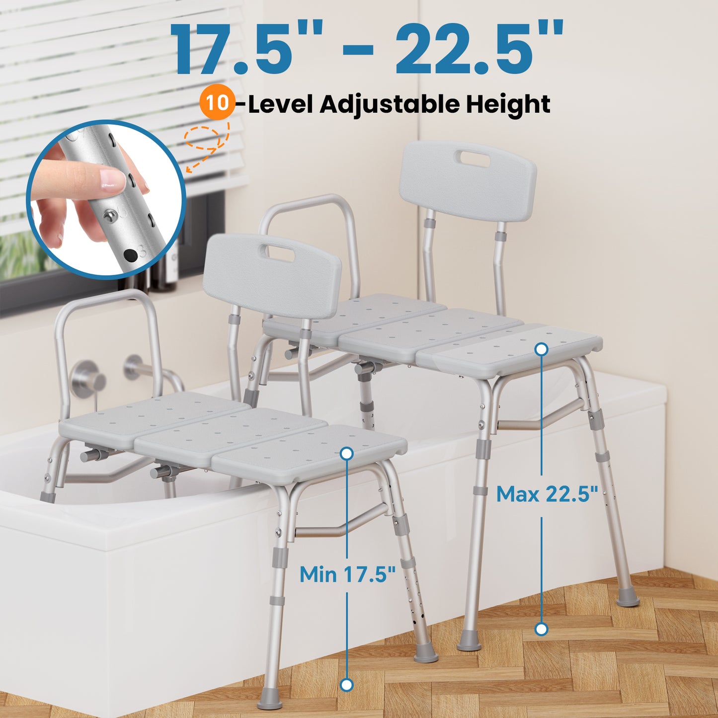 HOMLAND 400 lbs Heavy Duty Tub Transfer Bench, Adjustable Height Shower Chair with Reversible Backrest, Non-Slip Bath Seat for Seniors & Disabled