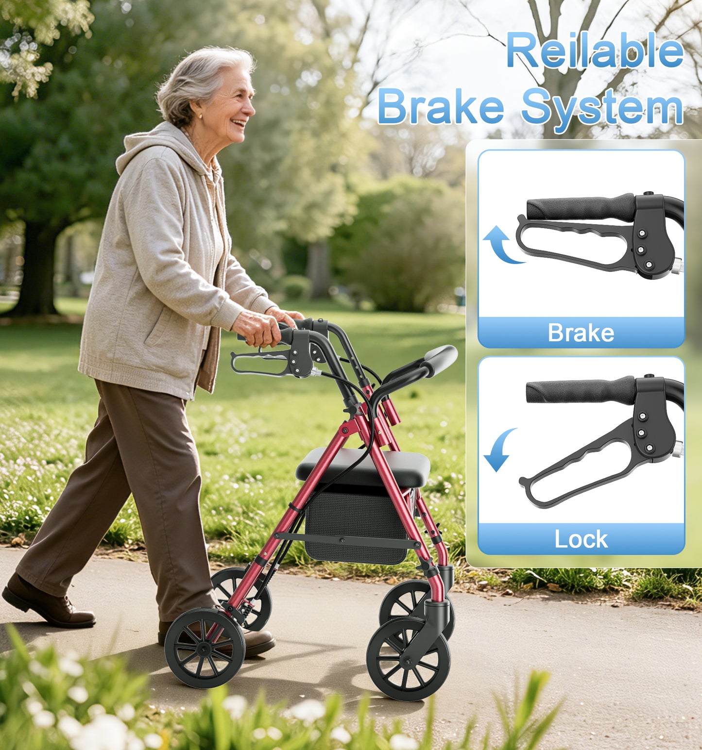 HOMLAND Lightweight 16lb. Rollator Walker for Seniors, 300 lb. Capacity, Folding Mobility Aid with Padded Seat, 6-Inch Puncture-Proof Wheels- Red