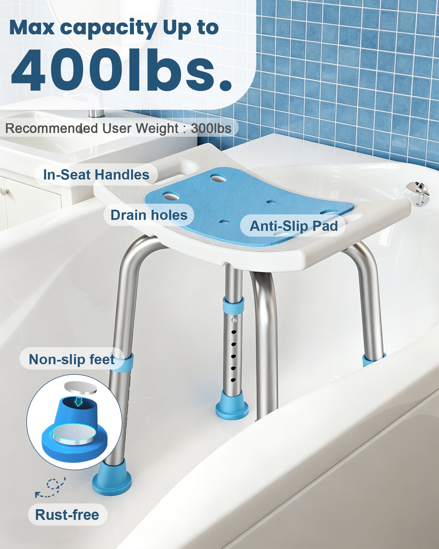 HOMLAND 400 lbs Shower Chair for Seniors, Heavy Duty Capacity Bathroom Bench with Suction Cup Feet, Height Adjustable Bath Stool for Inside Tub - Blue