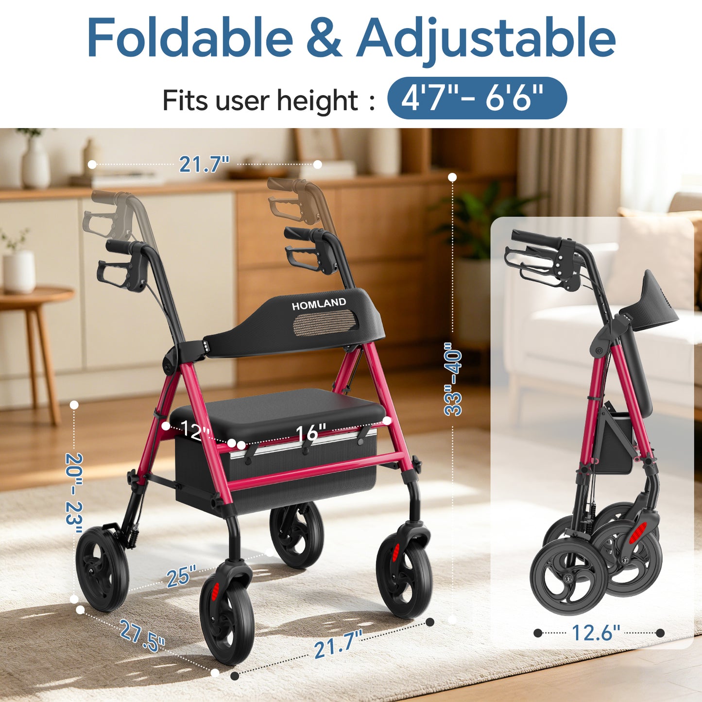 HOMLAND Foldable Rollator Walker with Memory Foam Seat for Seniors, 350 lb. Capacity Heavy-Duty Mobility Walker, 8'' Big Wheels, Red