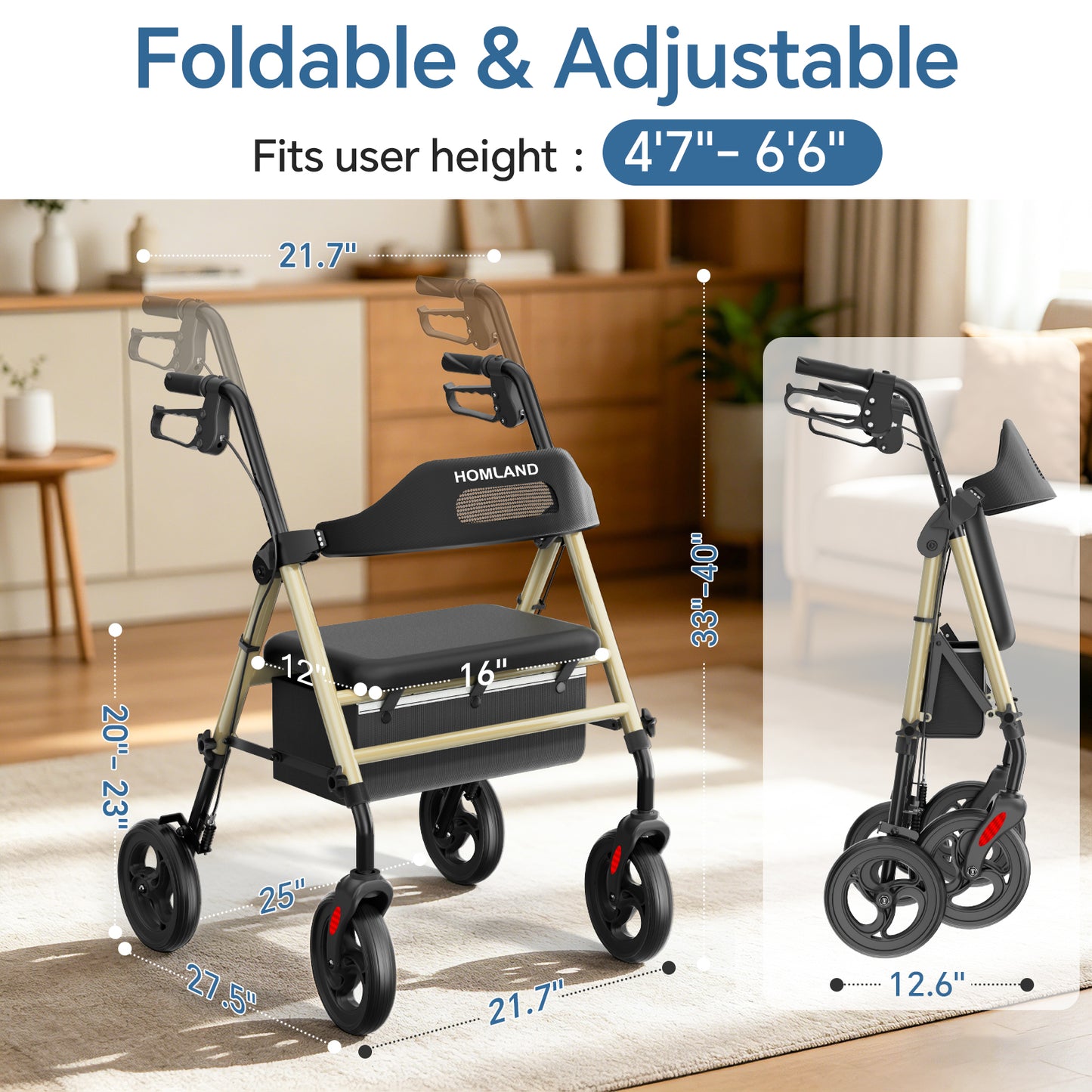 HOMLAND Foldable Rollator Walker with Memory Foam Seat for Seniors, 350 lb. Capacity Heavy-Duty Mobility Walker, 8'' Big Wheels, Champagne Gold