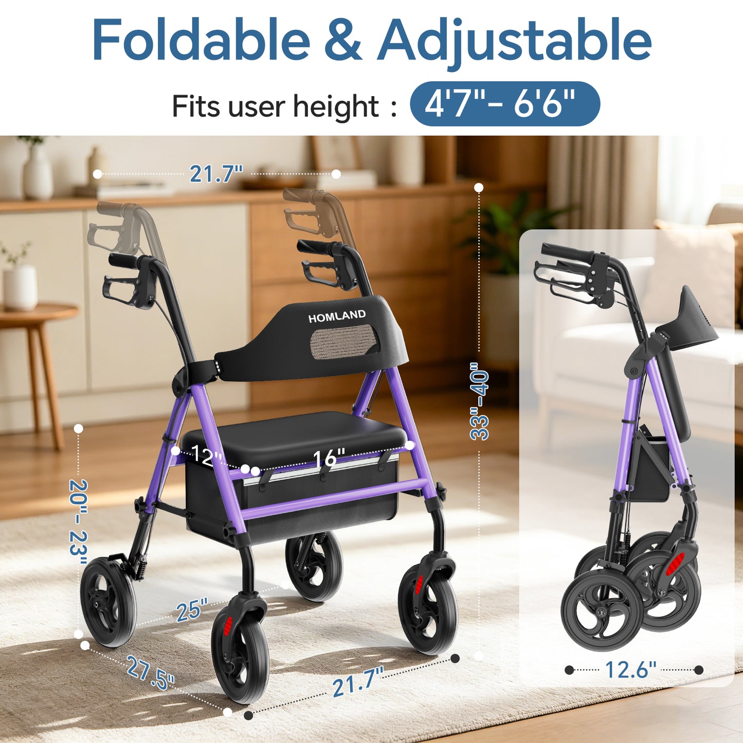 HOMLAND Foldable Rollator Walker with Memory Foam Seat for Seniors, 350 lb. Capacity Heavy-Duty Mobility Walker, 8'' Big Wheels, Purple
