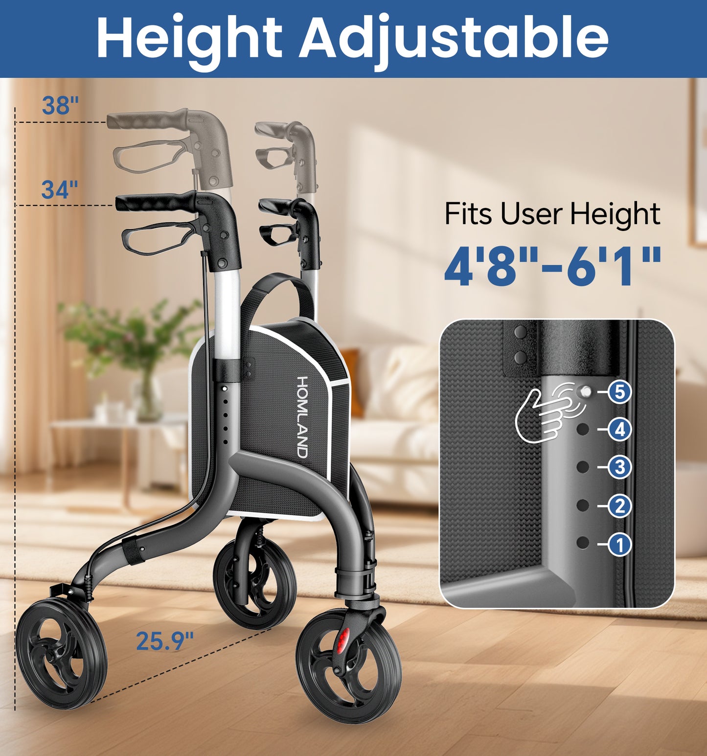 HOMLAND 3-Wheel Folding Walkers for Seniors, Lightweight Three Wheel Walker with Cane and Cup Holder, Height Adjustable Narrow Space Mobility Aid - Black