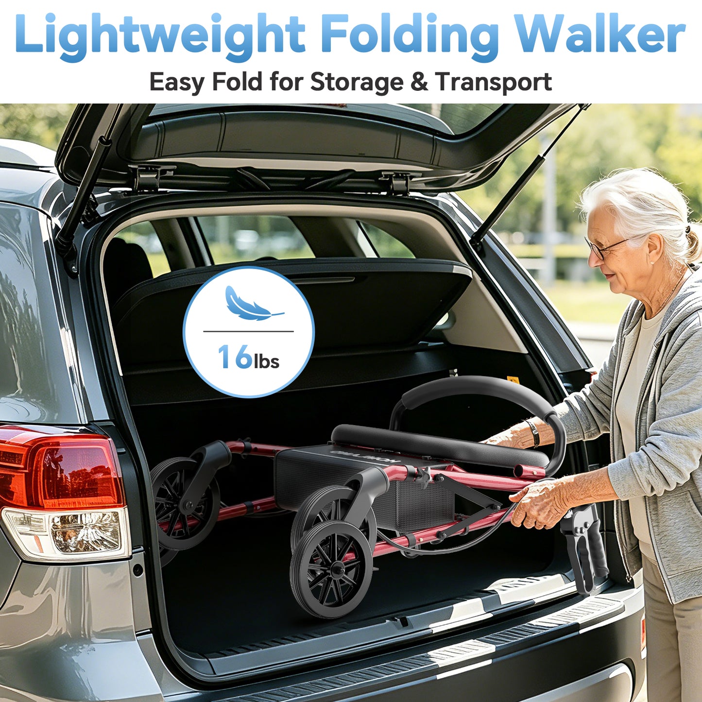 HOMLAND Lightweight 16lb. Rollator Walker for Seniors, 300 lb. Capacity, Folding Mobility Aid with Padded Seat, 6-Inch Puncture-Proof Wheels- Red